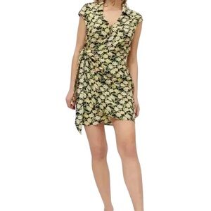 URBAN OUTFITTERS Women’s Black Floral Mini Wrap Dress tie cap sleeve XS